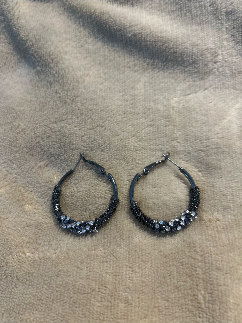 Sparkling Gunmetal Hoop Earrings with Crystal Accents - Women Jewelry